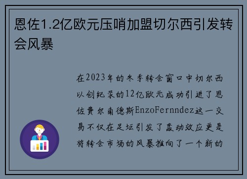 恩佐1.2亿欧元压哨加盟切尔西引发转会风暴 恩佐1.2亿欧元压哨加盟切尔西引发转会风暴